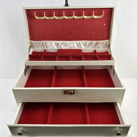 Vintage MCM Jewelry Box Cream Red Satin & Velvet Interior 3 Tier Made In Canada - Picture 2 of 16